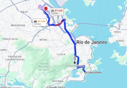 La distancia de Complexo da Penha a Copacabana, en Río de Janeiro