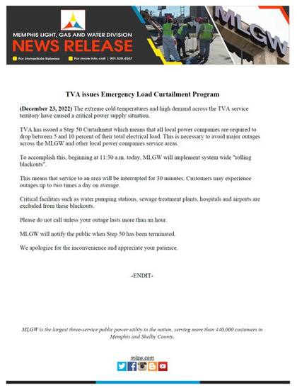 La División de Luz, Gas y Agua de Memphis implementa apagones continuos en todo el sistema eléctrico