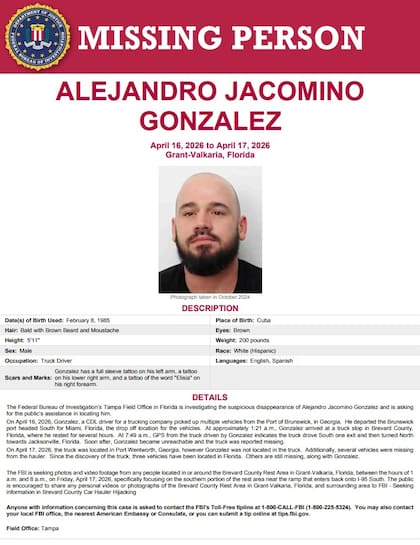 La división de Tampa de la Oficina Federal de Investigación (FBI, por sus siglas en inglés) lanzó una alerta para localizar a Alejandro Jacomino González