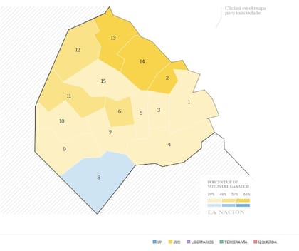 La división del voto por barrios en las elecciones a jefe de Gobierno de 2023.
Amarillo: Jorge Macri, Pro
Azul: Santoro, peronismo