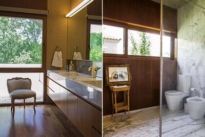 La división entre el sector de tocador y la sala de baño, con bañadera y sanitarios ‘Marina’ de Ferrum, se hizo con un panel de vidrio: la expresión mínima para dividir sin fragmentar visualmente