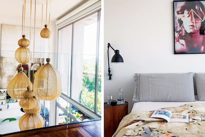 En el dormitorio, lámpara amurada sobre la mesa de luz circular (Avalon).