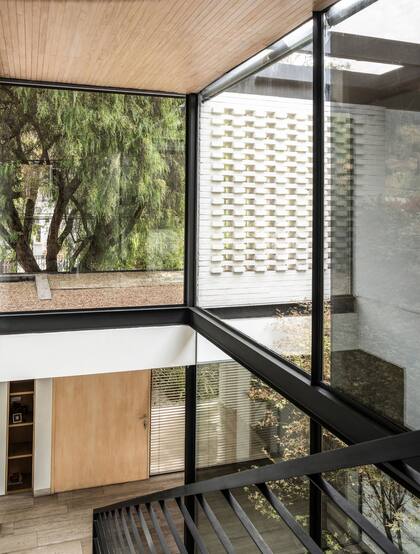 La doble altura permite ver la copa de los árboles tanto desde la planta baja como desde el piso superior.