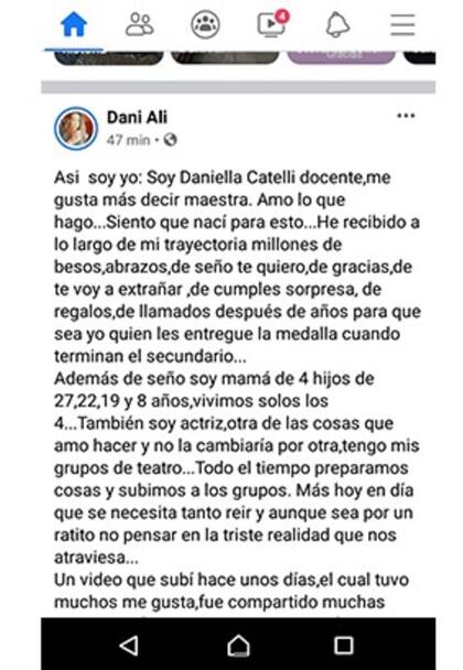 La docente dio explicaciones a través de un posteo en Facebook