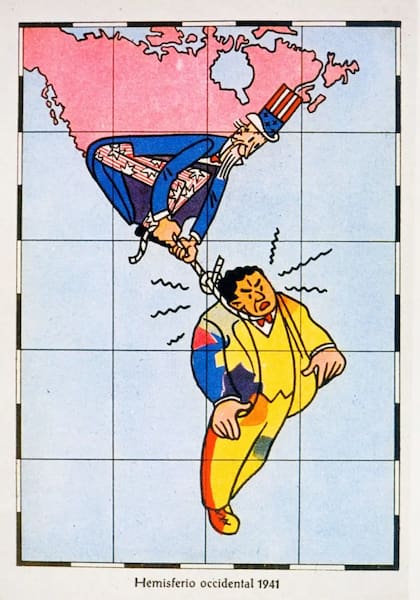 La Doctrina Monroe en acción. Tarjeta de 1941 que muestra al Tío Sam estrangulando a Sudamérica