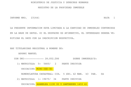 La documentación del Registro de la Propiedad de inmuebles sobre Manuel Adorni