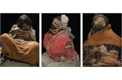 La Doncella, el Niño y la Niña, las tres momias encontradas en la cima del volcán Llullaillaco envueltas en telas que fueron restauradas