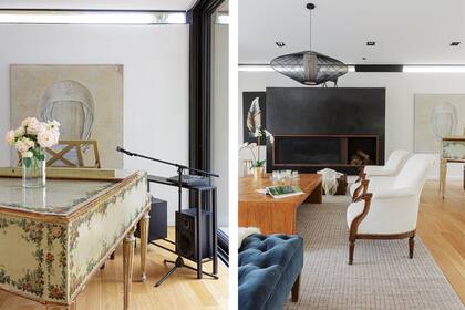 La dueña de casa suele tocar el piano –de la firma Gaveau of Paris– que era de su abuelo. En el estar, alfombra (Welna Store), mesa baja y lámpara ‘Damiel’ (Estudio Doble A). Cuadros de Paula Morando (izquierda) y García (derecha).