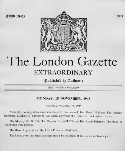 La edición de The London Gazette en la que se publica la noticia del nacimiento del heredero del trono.