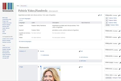 La edición del artículo sobre Fabiola Yáñez en Wikidata donde aparece como "fiambrola"