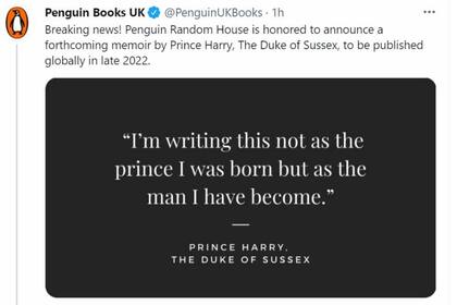 La editorial Penguin Random House anunció la publicación de las memorias del príncipe Harry a través de las redes sociales