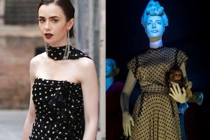 La elegancia del estampado de puntos une el estilo de la joven Eva Duarte con el presente de Emily Cooper en París, dos épocas en un mismo lenguaje (Foto: Captura Netfix / Museo Evita Perón)