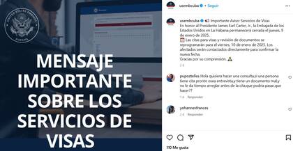 La Embajada de EE.UU. en Cuba emitió un comunicado en el que informó sobre el cierre de sus oficinas el 9 de enero