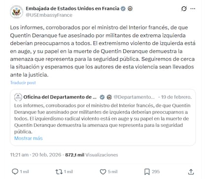 La embajada de Estados Unidos en París reposteó un tuit de la Oficina de Antiterrorismo del Departamento de Estado, el cual sostiene que “el radicalismo violento de izquierda está en aumento”
