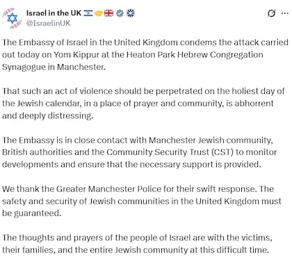 La embajada de Israel en Reino Unido condenó el ataque a la Sinagoga (Fuente: @IsraelinUK)