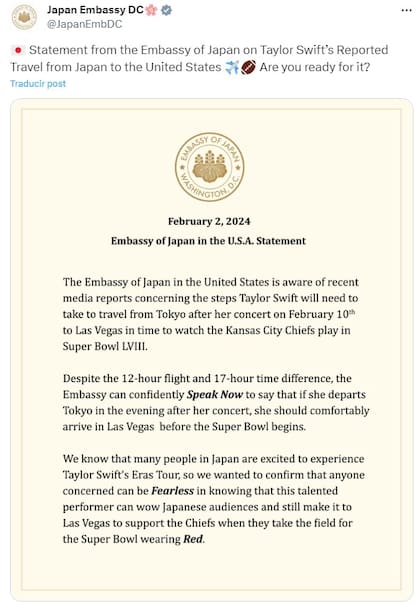 La Embajada de Japón en EE.UU. compartió un mensaje al respecto del viaje de Swift hasta Las Vegas