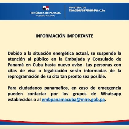 La Embajada de Panamá en Cuba también suspendió la atención al público hasta nuevo aviso