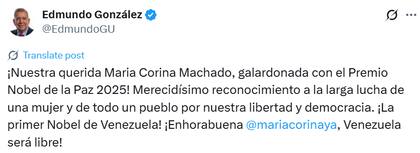 La emoción de Edmundo González luego de que María Corina Machado gane el Premio Nobel de la Paz (Fuente: EdmundoGU)