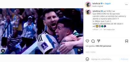 La emoción de Lali Espósito al ver su canción "2 son 3" junto a un video de la selección argentina