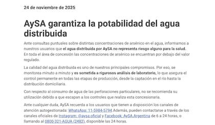 La empresa AySA garantiza la potabilidad del suministro de red en el Área Metropolitana de Buenos Aires