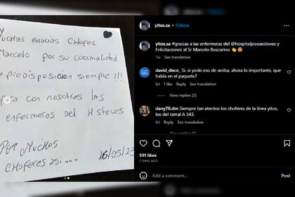 La empresa encargada de la línea, orgulloso de su chófer, compartió el video del momento junto a la nota que recibió Marcelo (Foto Instagram @yitos.sa)