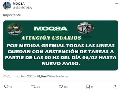 La empresa MOQSA es una de las que no presta servicio este viernes 6 de febrero