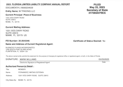 La empresa W Trading se constituyó en 1031 Ives Dairy Road.