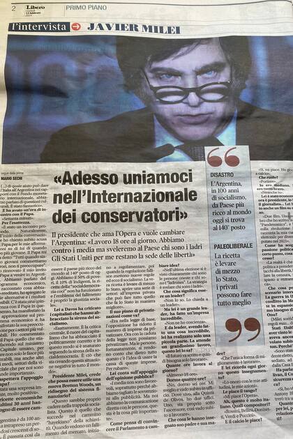 La entrevista a Javier Milei en el diario Libero, de Italia