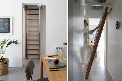 La escalera se pone contra la pared cuando no se usa, y no molesta a la vista desde el comedor.