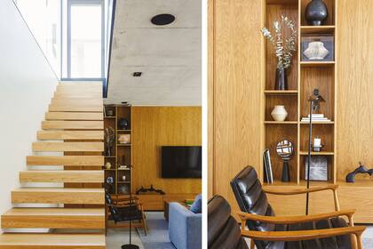 La escalera, una secuencia de piezas de madera que parecen suspendidas, termina en un patio interno que le da luz y aire a la planta alta.