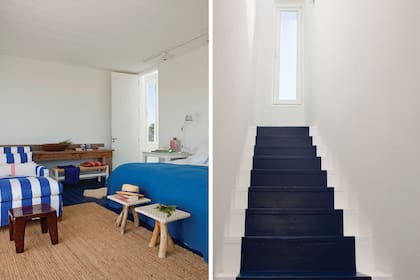 La escalera y el piso de la suite en planta alta, pintados de azul.