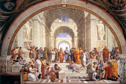 La escuela de Atenas es una de las pinturas más importantes del artista Rafael Sanzio, con Sócrates y Platón en el centro