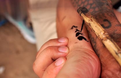 La espina de árbol colocada en el palito de madera, herramienta con la que Whang Do hace sus tatuajes