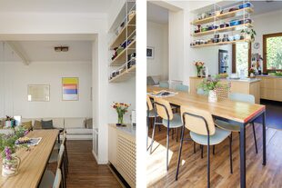 La estantería liviana aumenta el lugar de guardado sin interrumpir las visuales entre la cocina y el comedor.