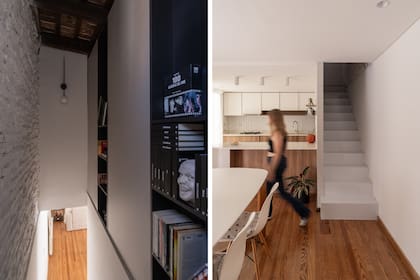 La estructura de la escalera se reutilizó a partir del antiguo techo; luego se recubrió con chapa nueva, manteniendo la lógica de aprovechar lo existente. A la izquierda, bibliotecas para aprovechar al máximo el espacio.