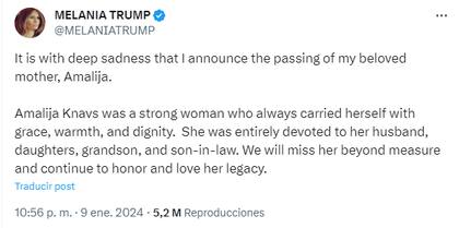La ex primera dama de Estados Unidos, Melania Trump, anunció la muerte de su madre, Amalija Knavs, a través de un mensaje en sus redes sociales