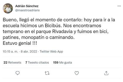 La experiencia del Bicibús fue compartida por Adrián Sánchez en su cuenta de Twitter y su iniciativa recibió numerosos saludos y felicitaciones