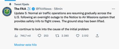 La FAA anuncia que las aerolíneas comenzaron a restaurar sus operaciones