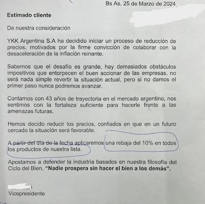 La fabricante japonesa de cierres YKK informó a sus clientes una rebaja del 10% en su lista de precios en el mercado argentino