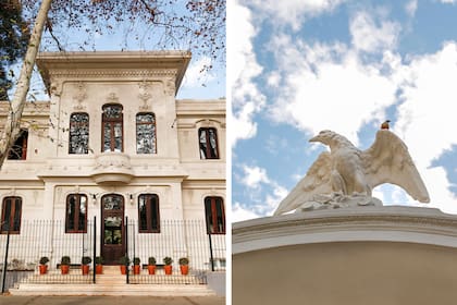La fachada de Águila Pabellón sobre la Av. Sarmiento, con sus esculturas aladas en molduras e iluminación. 