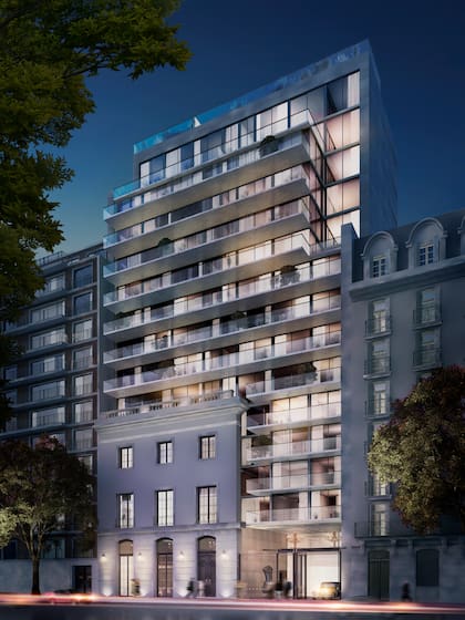 La fachada de la torre en Callao es una mezcla de un Petit Hotel antiguo con un diseño moderno de vidrio