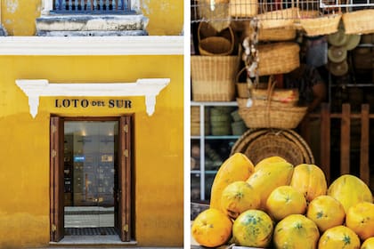 La fachada de Loto del Sur, la moderna y exquisita tienda de fragancias. Der.: Mares de frutas y artesanías forman parte del atractivo de Cartagena.