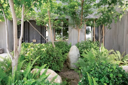 La fachada, recubierta íntegramente con guayubira. En el paisajismo, hay piedras de
gran tamaño