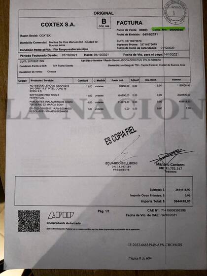 La factura de Coxtex S.A. que firmó Belliboni.