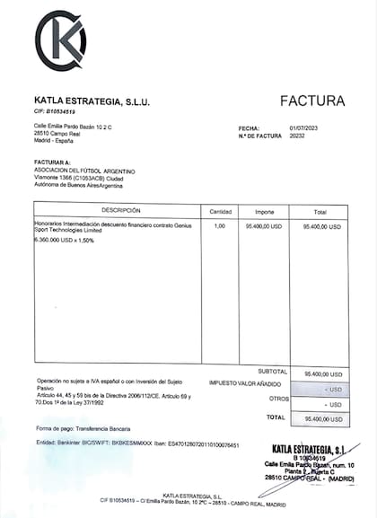 La factura de Katla a la AFA por por 95.400 dólares