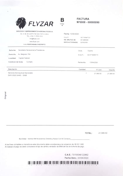 La factura de uno de los vuelos privados de Cristina Kirchner que asumió la Secretaría General de la Presidencia