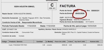 La factura que emitió el piloto y broker a nombre del periodista Grandio.