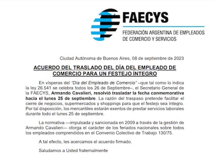 La Faecys decidió trasladar el Día del Empleado de Comercio al lunes 25
