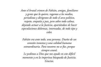 La familia de Fabián Gutiérrez emitió un comunicado donde piden que se deje actuar a la Justicia