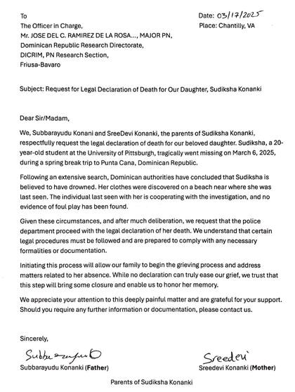 La familia de Sudiksha Konanki, la joven estadounidense desaparecida en un hotel de Punta Cana, solicitó a la Policía Nacional de la República Dominicana la emisión de una "declaración legal de fallecimiento" de su hija, tras varios días de intensa búsqueda sin resultados